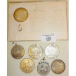 Three Maria Theresa Thaler silver coins and others, some silver and as medallions