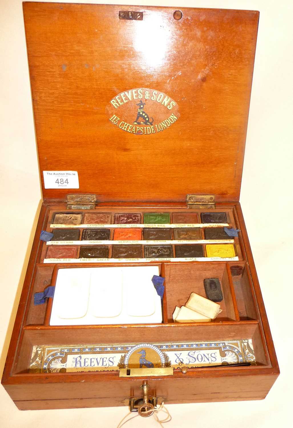 Reeves & Sons, Edwardian wooden watercolour paint box, with drawer under containing mixing palette