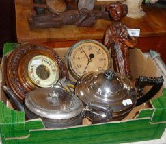 Altitude gauge (feet of water), barometer, two silver plate tea pots, AA car badge and carved