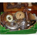 Altitude gauge (feet of water), barometer, two silver plate tea pots, AA car badge and carved