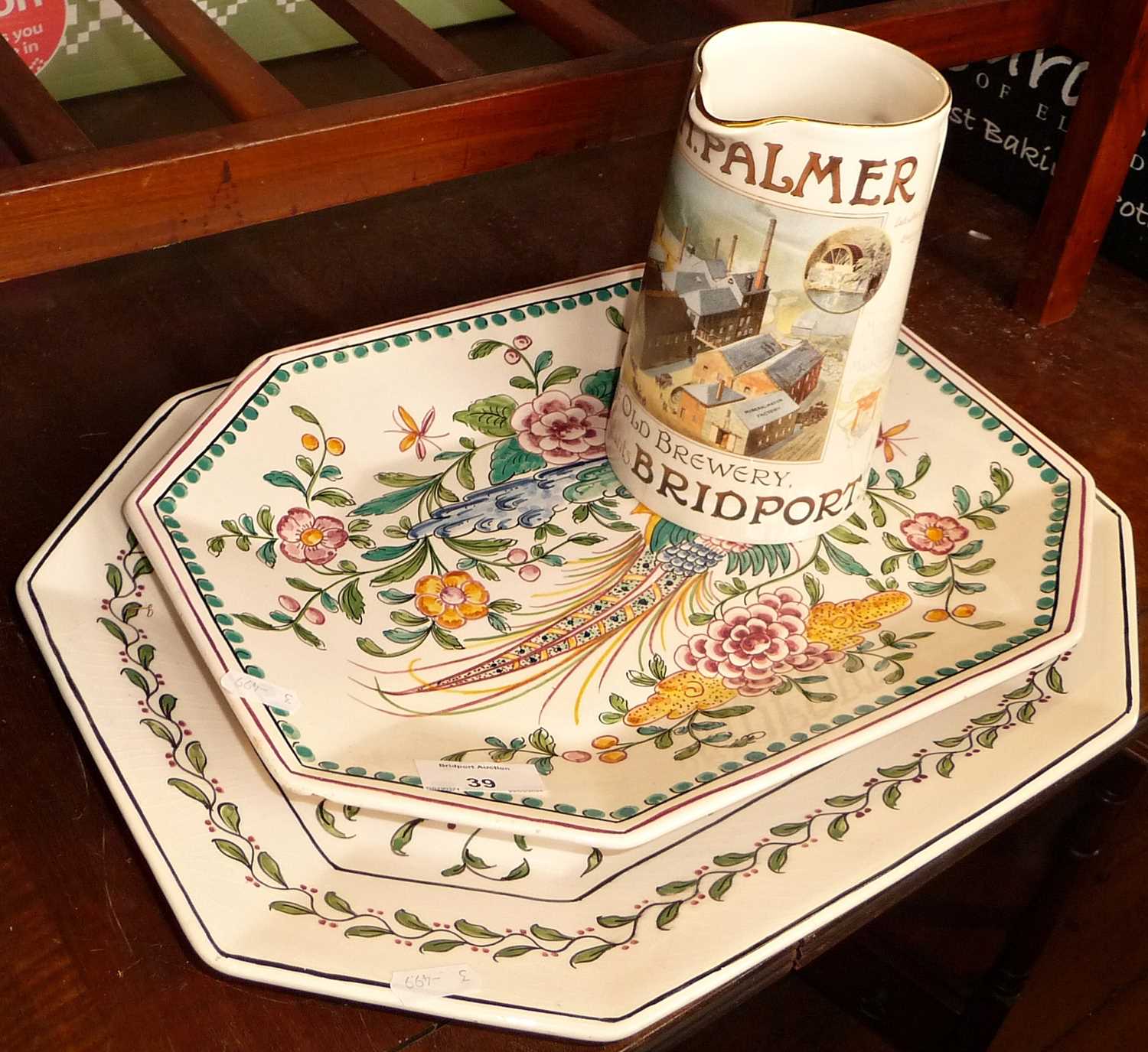 Palmers Brewery water jug, and two Portuguese pottery platters - Image 2 of 2