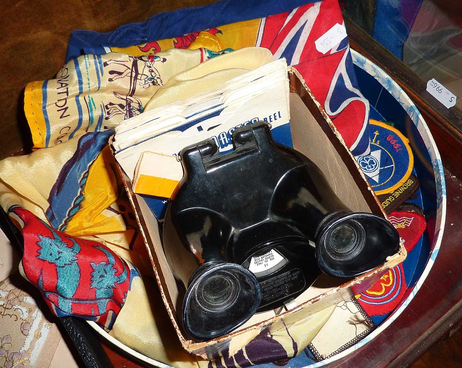 Old Bakelite Viewmaster viewer and reels, 1953 Coronation Silk Scarf, Brownie and Girl Guide cloth