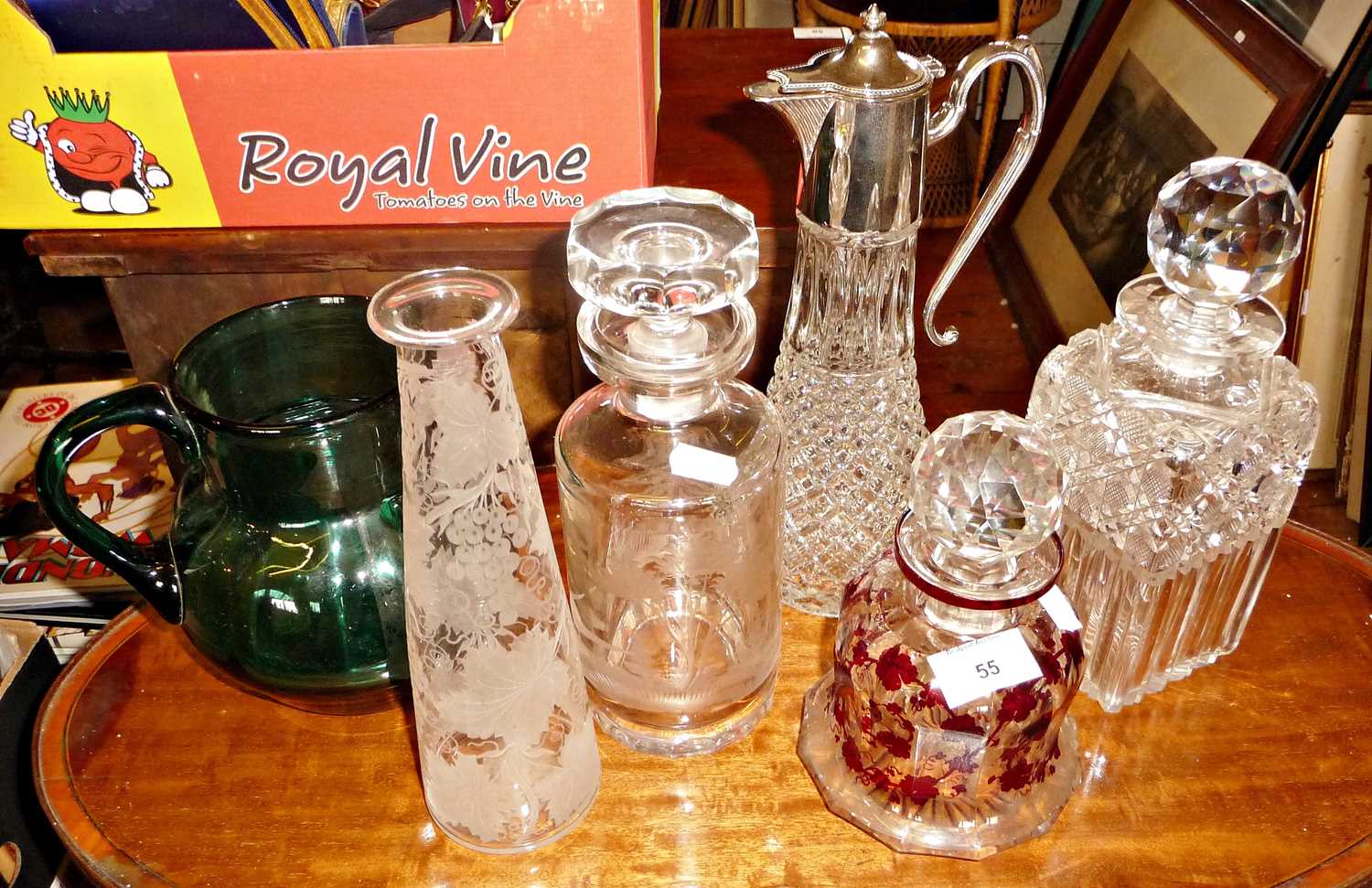 Four cut & etched glass decanters, claret jug, and green glass water jug - Image 2 of 2