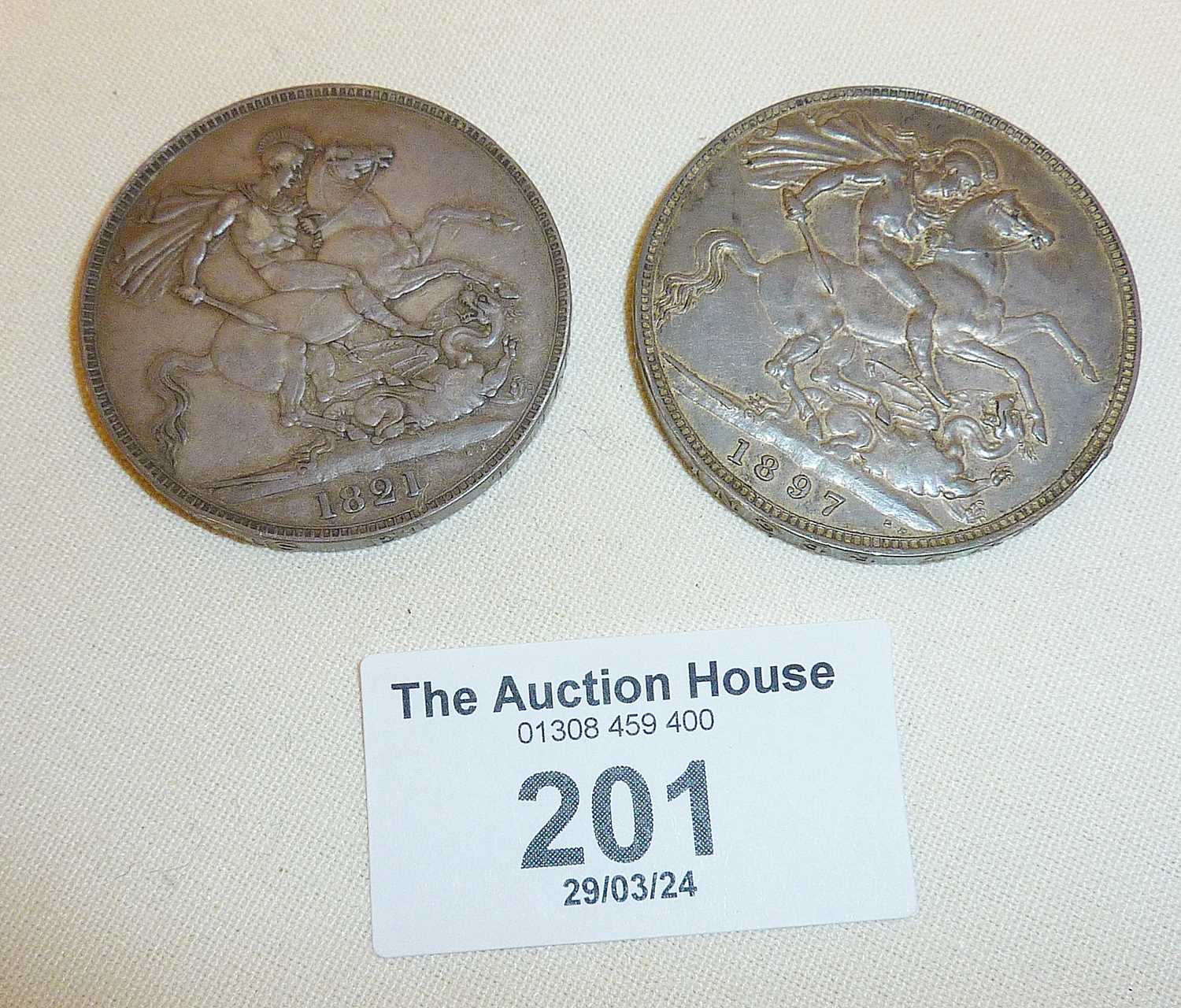 George IV 1821 Secundo silver Crown, and another 1897. Combined weight 56g