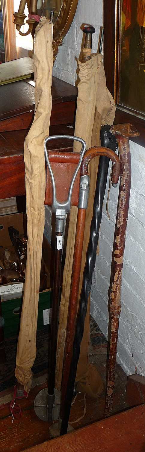 Two shooting sticks, 3 fishing rods and 2 walking sticks - Image 2 of 2