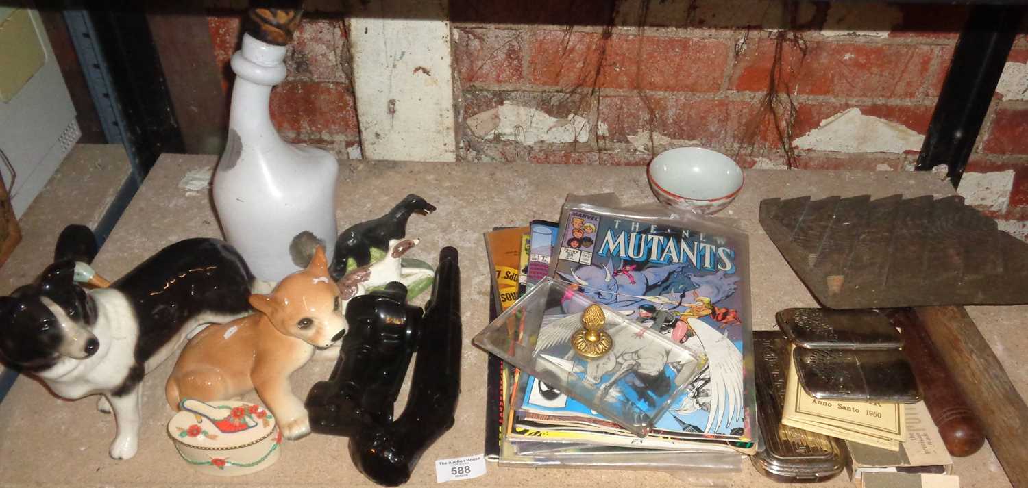 Miscellaneous items inc. Marvel comics, Salvador Dali wine bottle etc