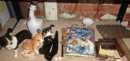 Miscellaneous items inc. Marvel comics, Salvador Dali wine bottle etc