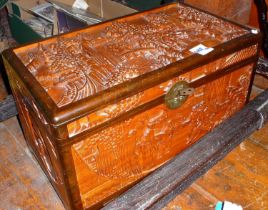 Small Chinese carved camphorwood chest or trunk, 20" x 12" x 11"