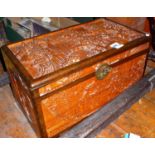 Small Chinese carved camphorwood chest or trunk, 20" x 12" x 11"