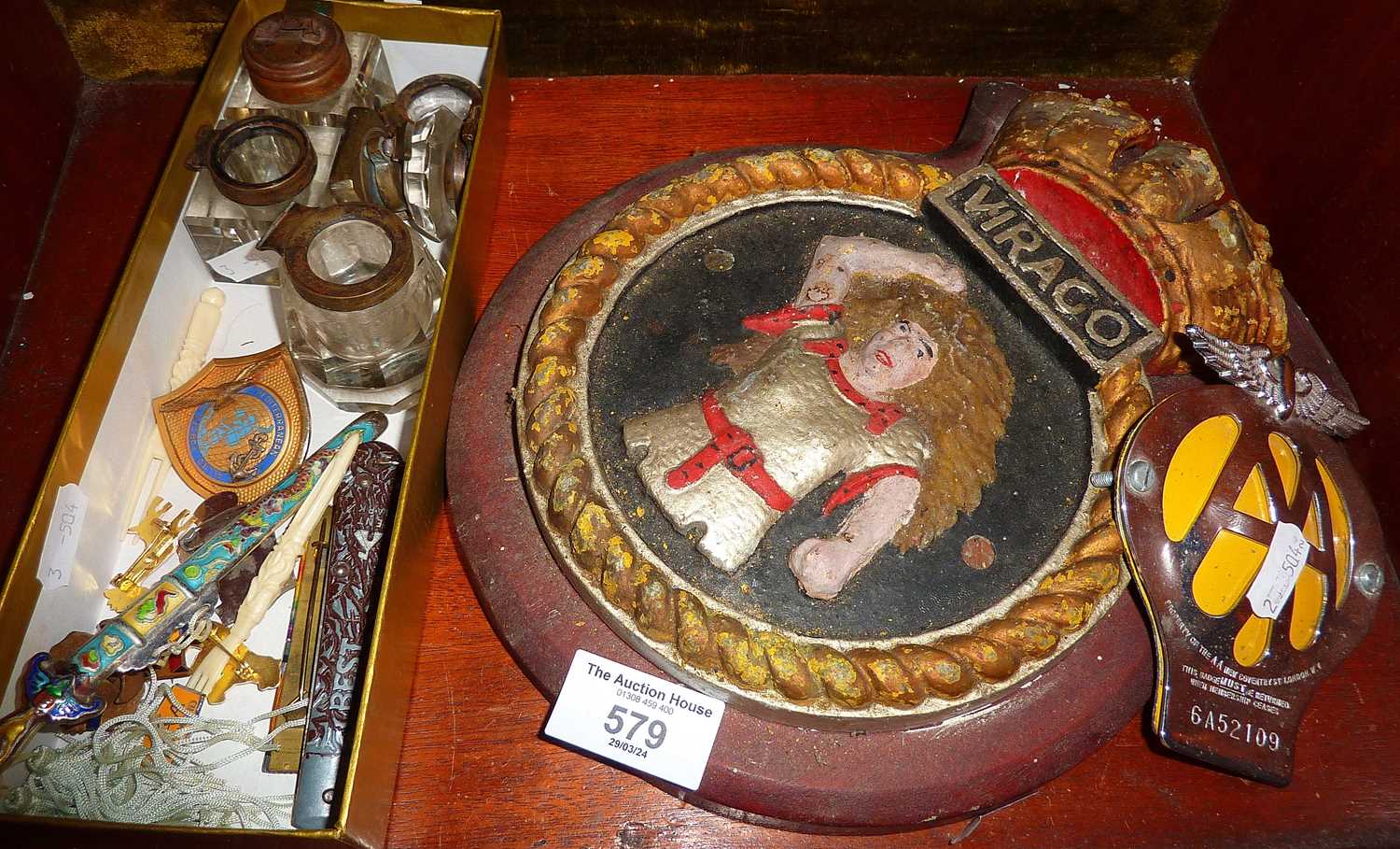 HMS Virago plaque, badges and inkwells - Image 2 of 2