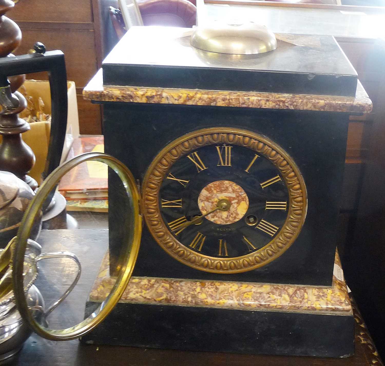 Edwardian black slate and marble mantle clock by Blackie & Sons, approx. 26cm high