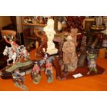 Collection of assorted metal & wooden figures figures including Del Prado mounted soldiers &