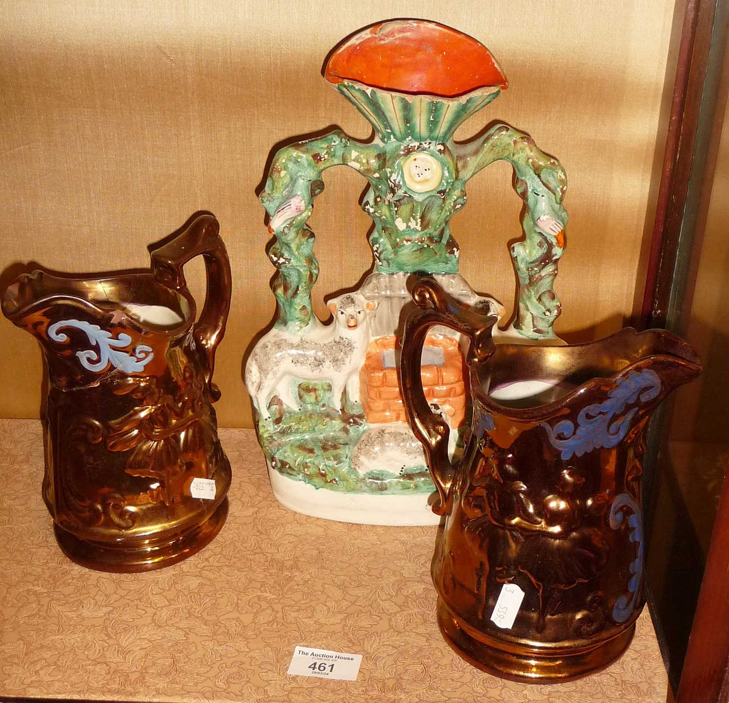 Victorian lustre jugs, and a Staffordshire flatback sheep group - Image 2 of 2