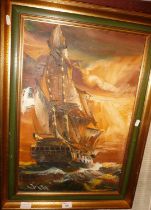20th c. oil on canvas of a man of war ship signed