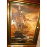 20th c. oil on canvas of a man of war ship signed