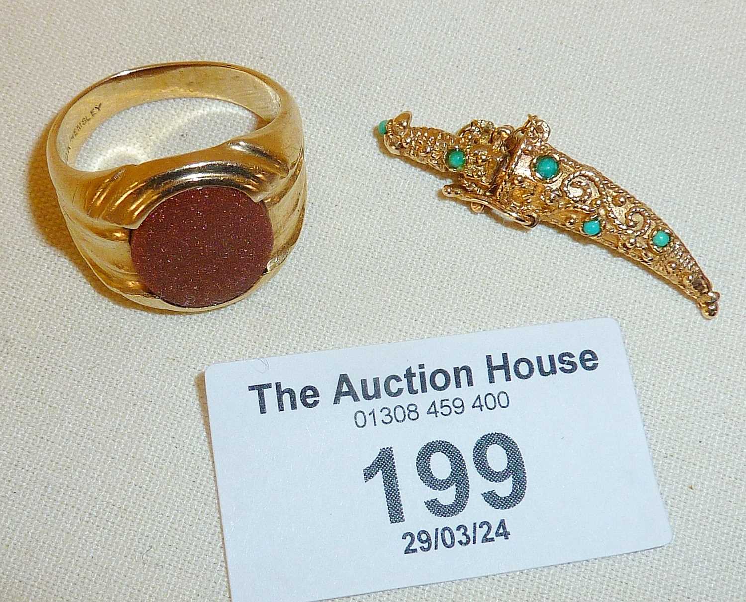 10ct gold signet ring set with a goldstone (approx UK size Q), together with a 10K gold and