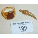 10ct gold signet ring set with a goldstone (approx UK size Q), together with a 10K gold and