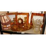 1930s amber glass dressing table set with clock, other glass and three prints