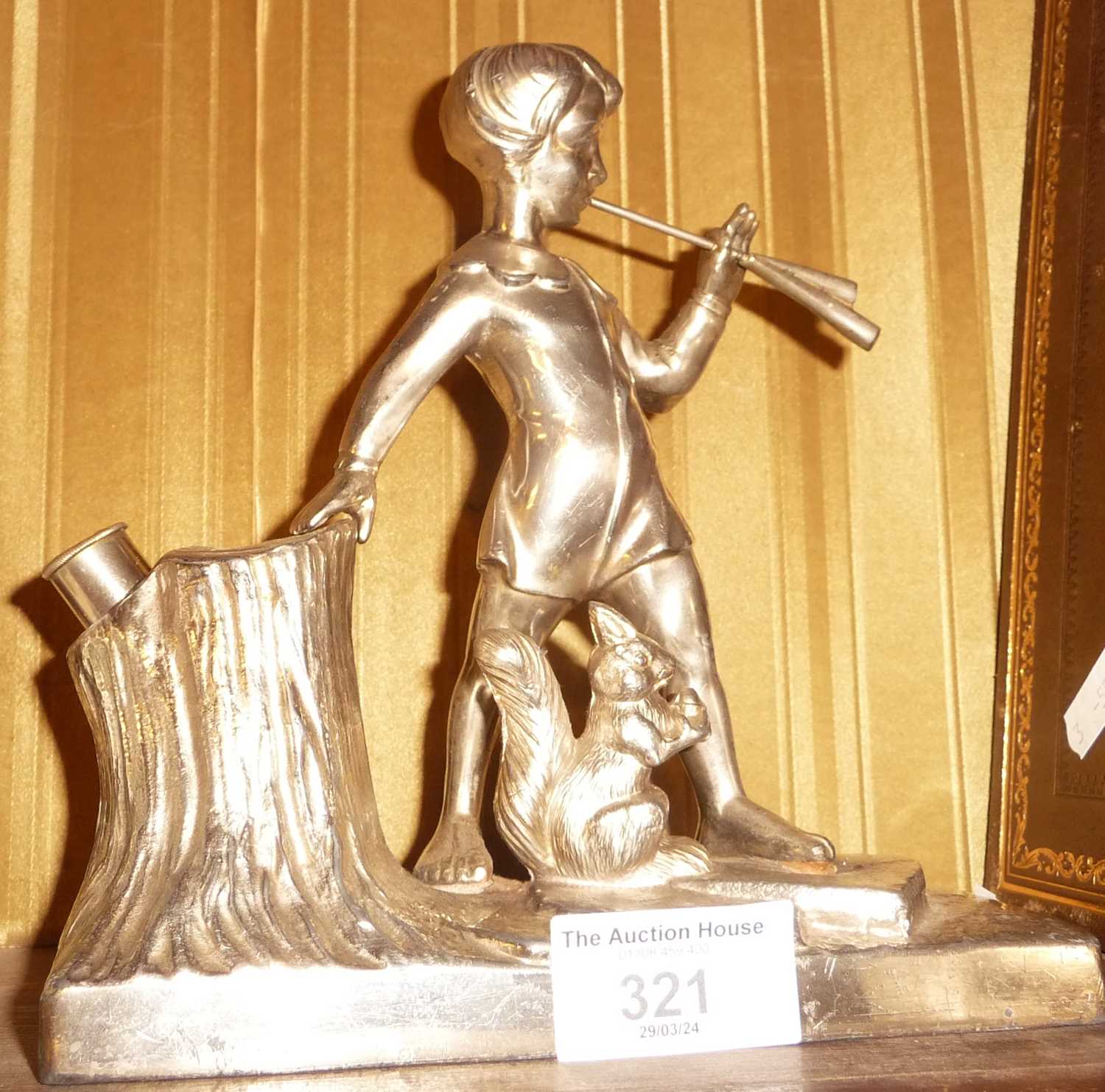 Art Deco chromed desk lighter of a figure of Peter Pan on plinth with rabbit - Image 2 of 2