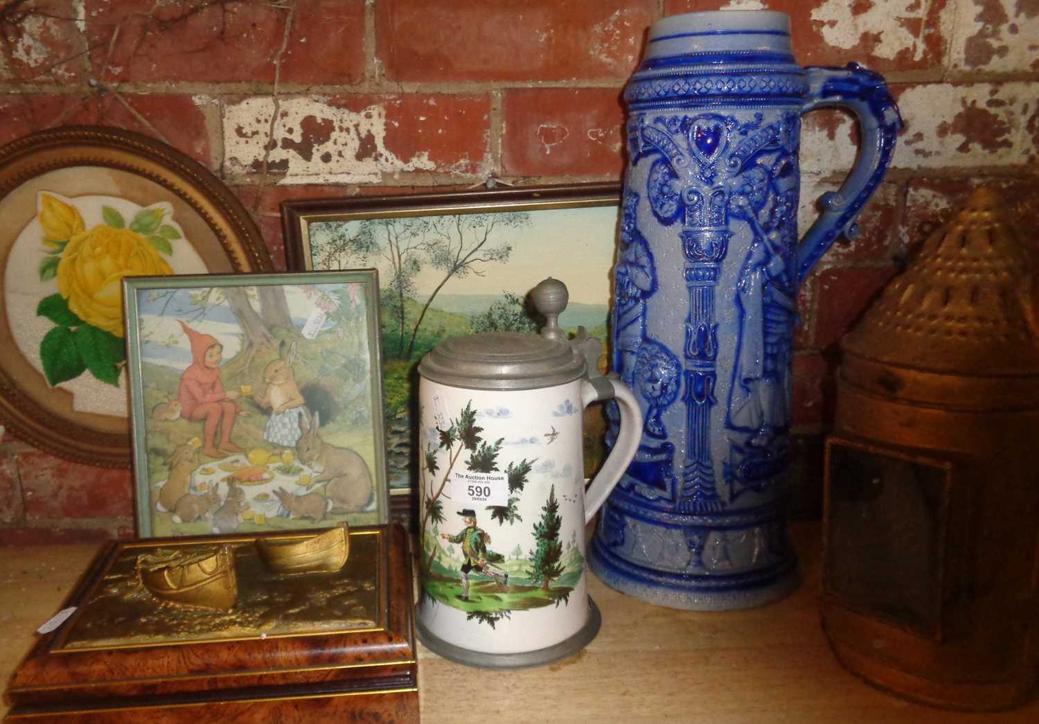 Large Westphalia beer stein, another (A/F), Shepherds' lantern, Margaret Tarrant print of bunnies - Image 2 of 2