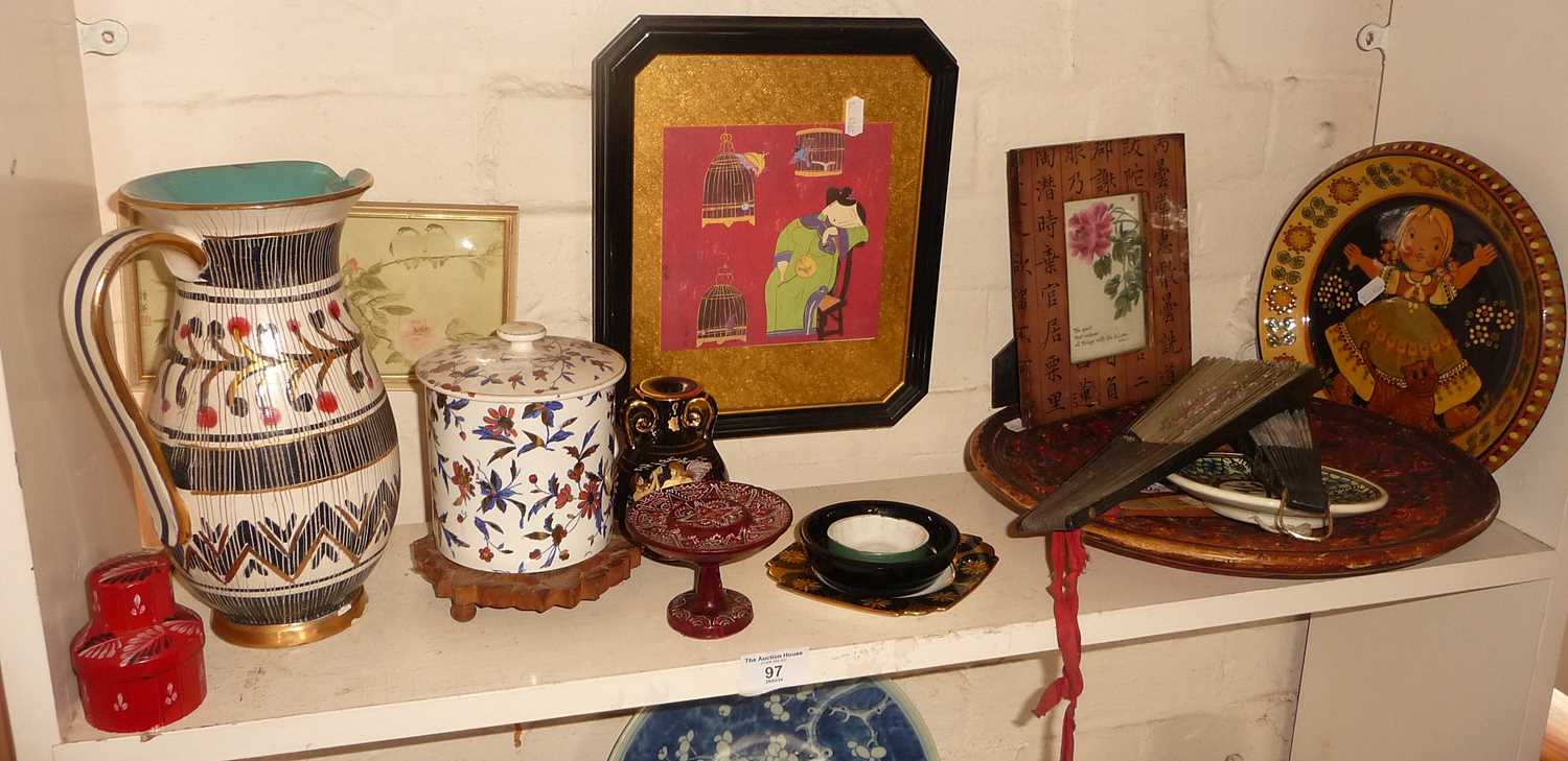 Shelf of assorted items including mid-century china jug etc