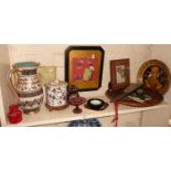 Shelf of assorted items including mid-century china jug etc