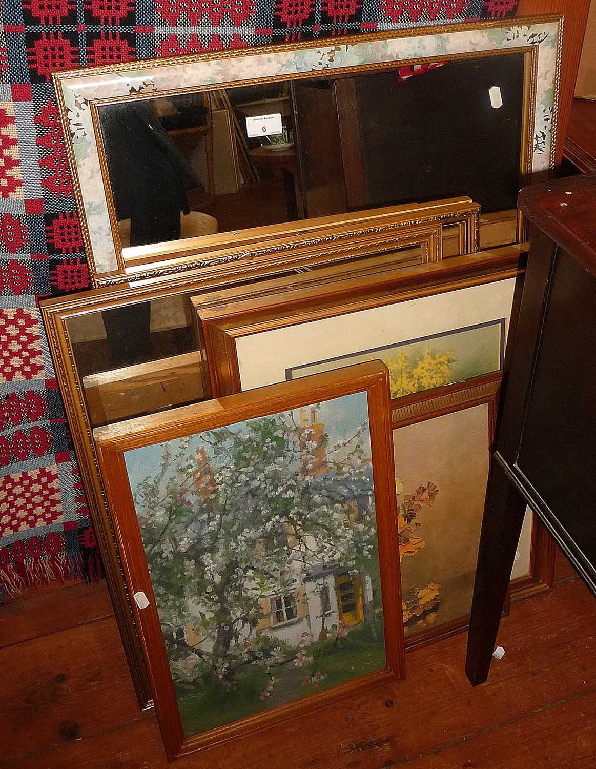 Three gilt-framed wall mirrors, two prints and an oil on board of a garden - Image 2 of 2