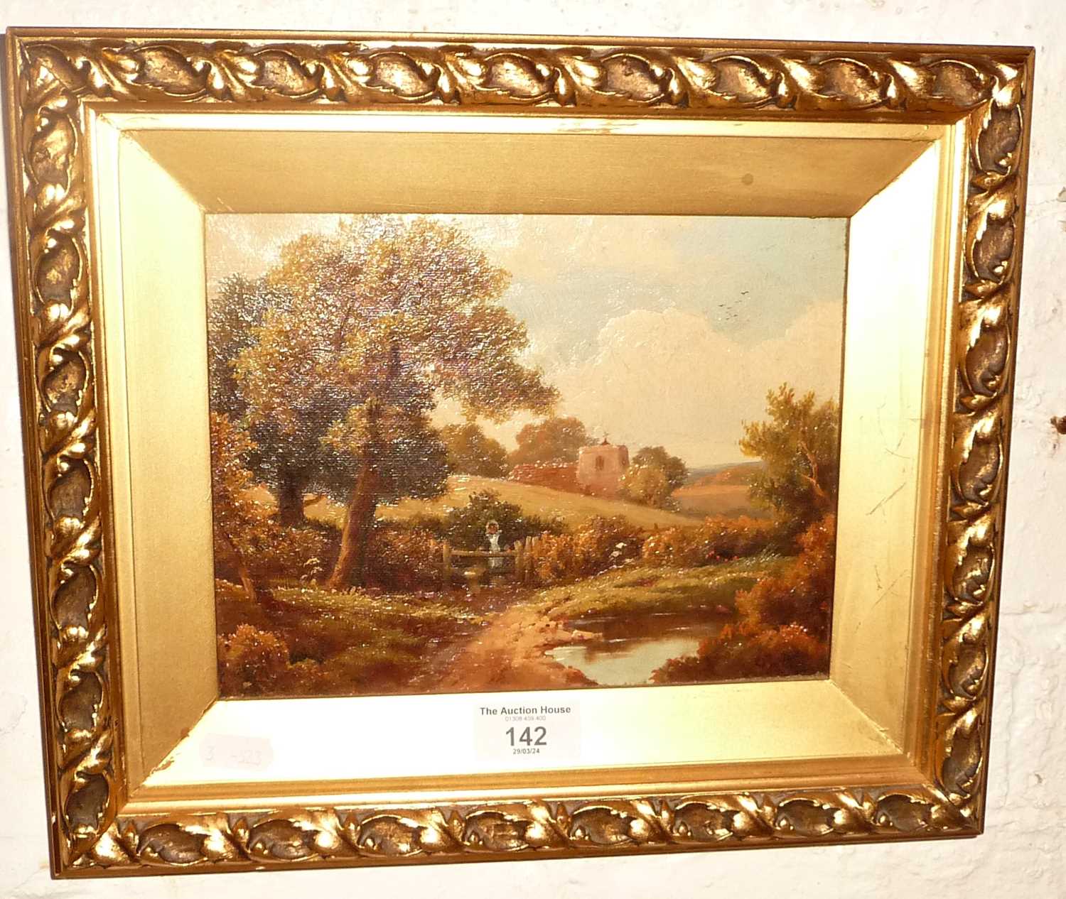 Small Victorian oil on canvas of a rural landscape, 11" x 13" inc. frame