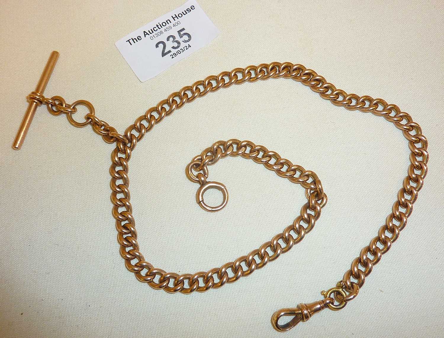 9ct rose gold albert watch chain with t-bar and dog clip. Each link marked as 375, approx. 41cm long - Image 2 of 2