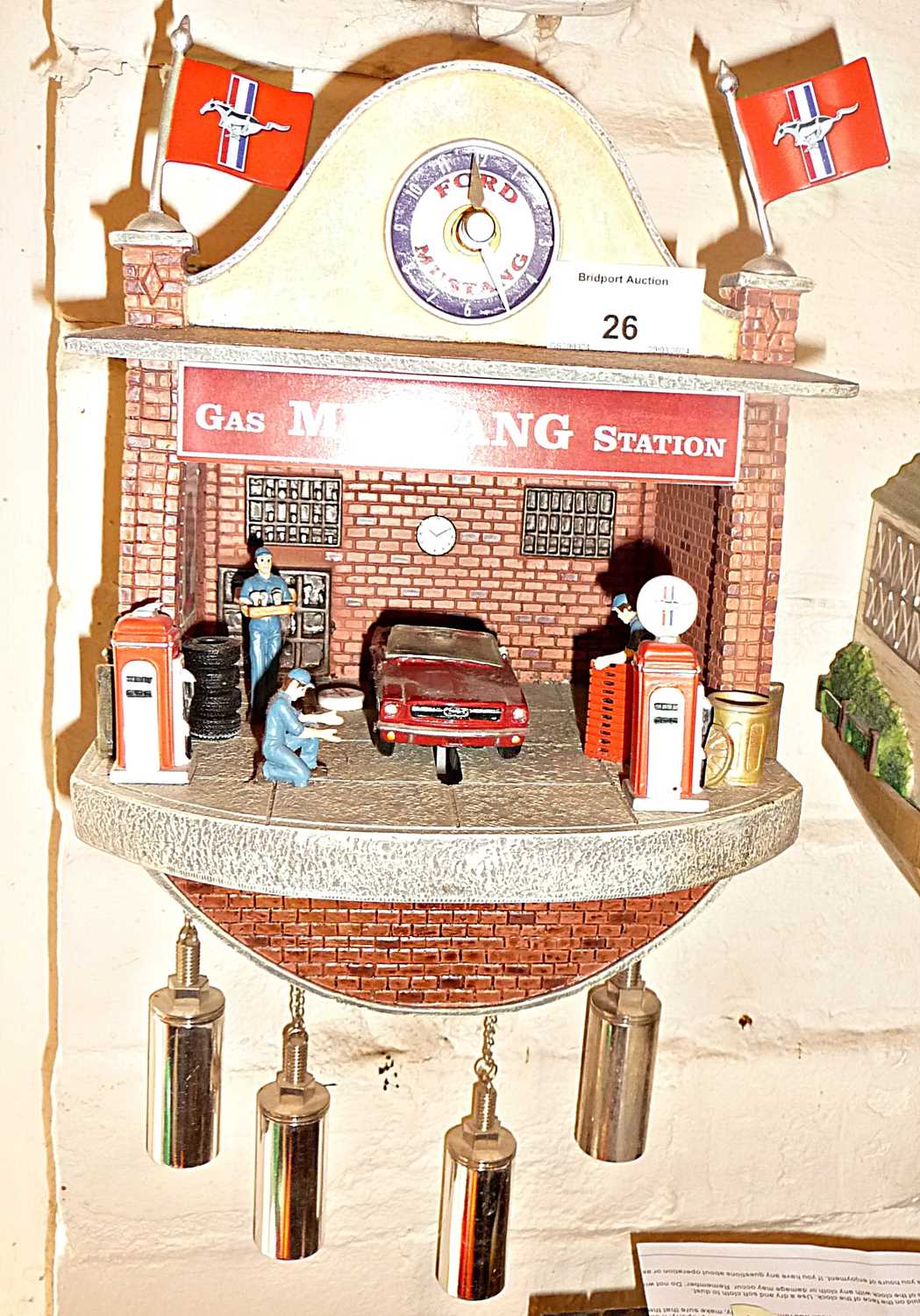 Novelty cuckoo clock "Mustang Garage" automaton depicting car mechanics' workshop