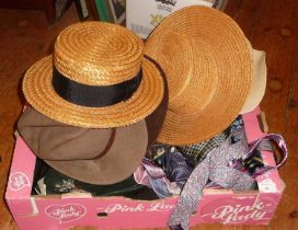 Vintage clothing - Gents' boater hat, six other hats and a quantity of silk ties