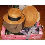 Vintage clothing - Gents' boater hat, six other hats and a quantity of silk ties