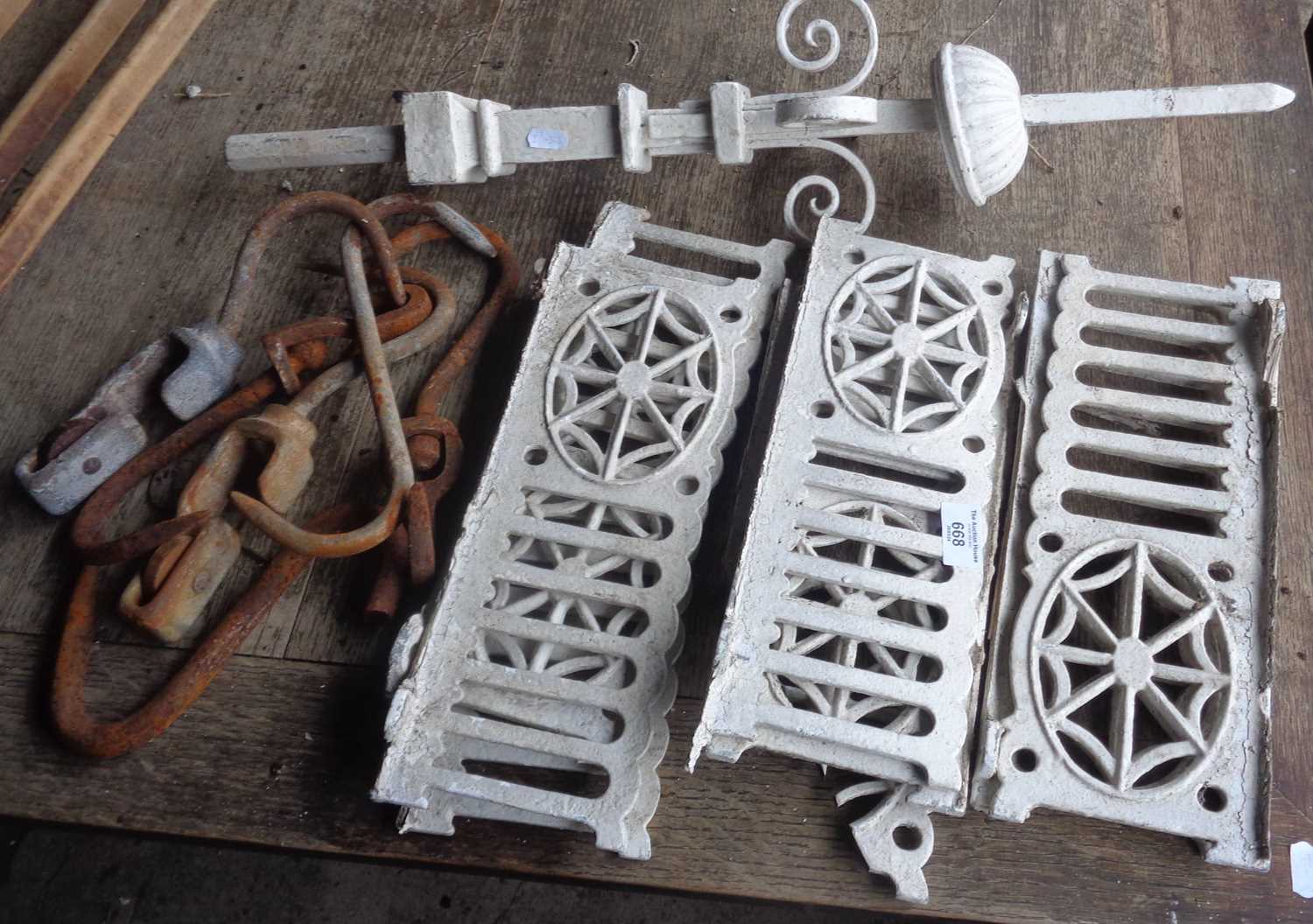 Victorian cast iron sections of a frieze for a shop display window frontage (8) and a finial