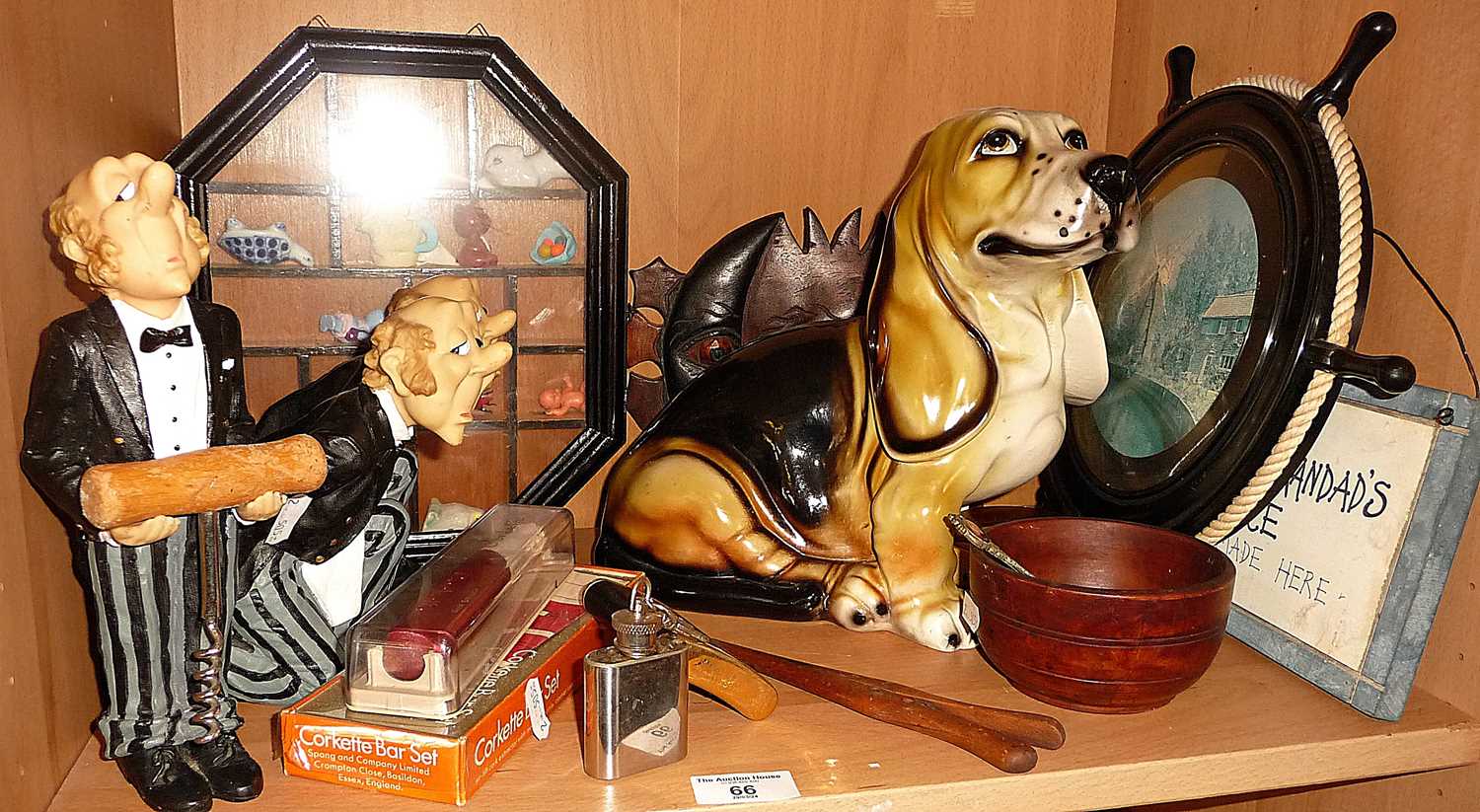 Novelty resin figures of wine waiters for holding wine bottles & corkscrew, large pottery dog