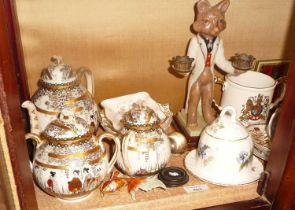 Fox candleholder, oriental ceramics, Lomonosov birds, and other china (one shelf)