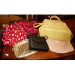 Vintage clothing - a Radley of London yellow leather handbag, three clutch bags and a scarf