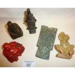 Five various Chinese objects - two buddhas, a bronze figure, small bronze relief plaque and a