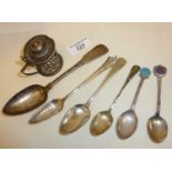 George III silver dessert spoon, other hallmarked silver spoons, inc. masonic, scrap silver outer