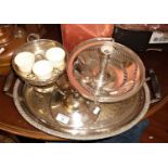 Silver plated hot plate for eggs, oval tray with ebony handles, a silver plate basket and a silver