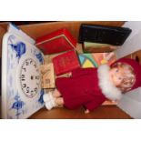 Delft china style Art Deco wall clock, doll and old card games