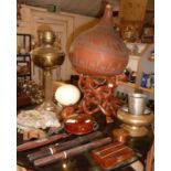 Assorted wooden items, an Ostrich egg, African carved hardwood stand and a large gourd with