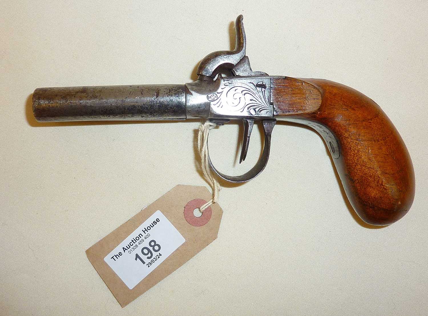 19th c double-barrelled percussion pistol, no apparent maker's marks, approx 18.5 cm long - Image 5 of 6