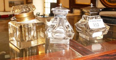Pair of Art Deco glass inkwells and another