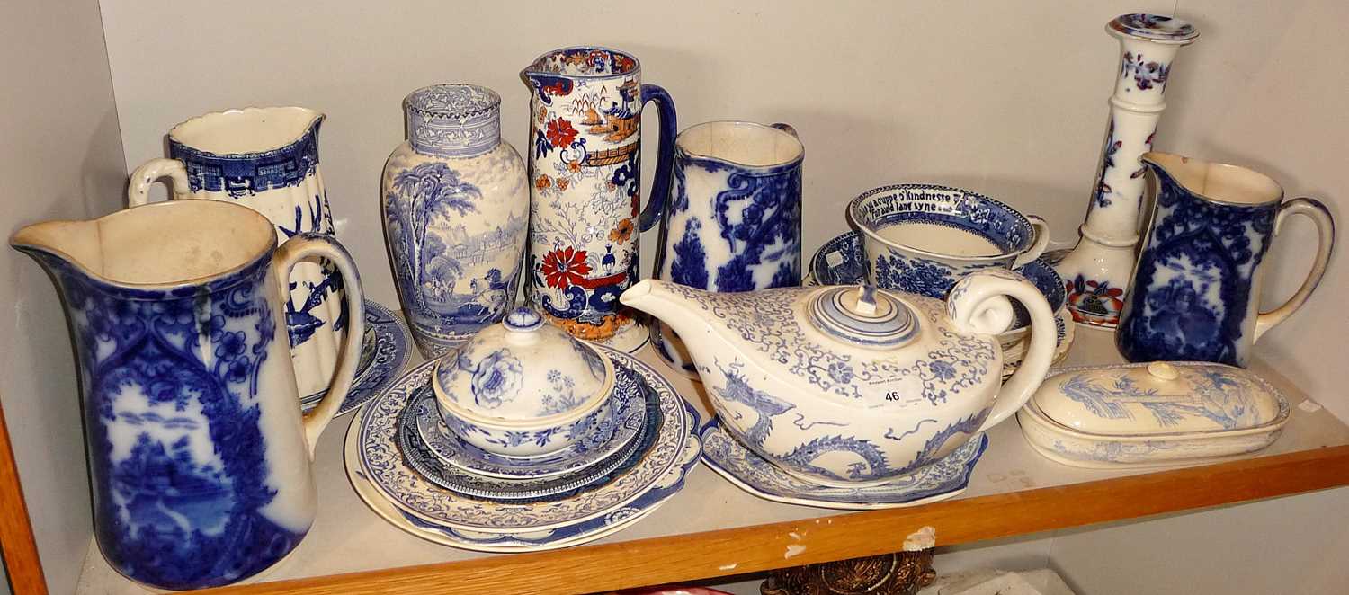 Collection of assorted blue & white china including graduated set of three Flo-blue jugs (A/F),