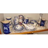 Collection of assorted blue & white china including graduated set of three Flo-blue jugs (A/F),