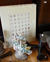 Painted iron flower basket doorstop, 7 mounted prints of British Birds Eggs and a cobblers last