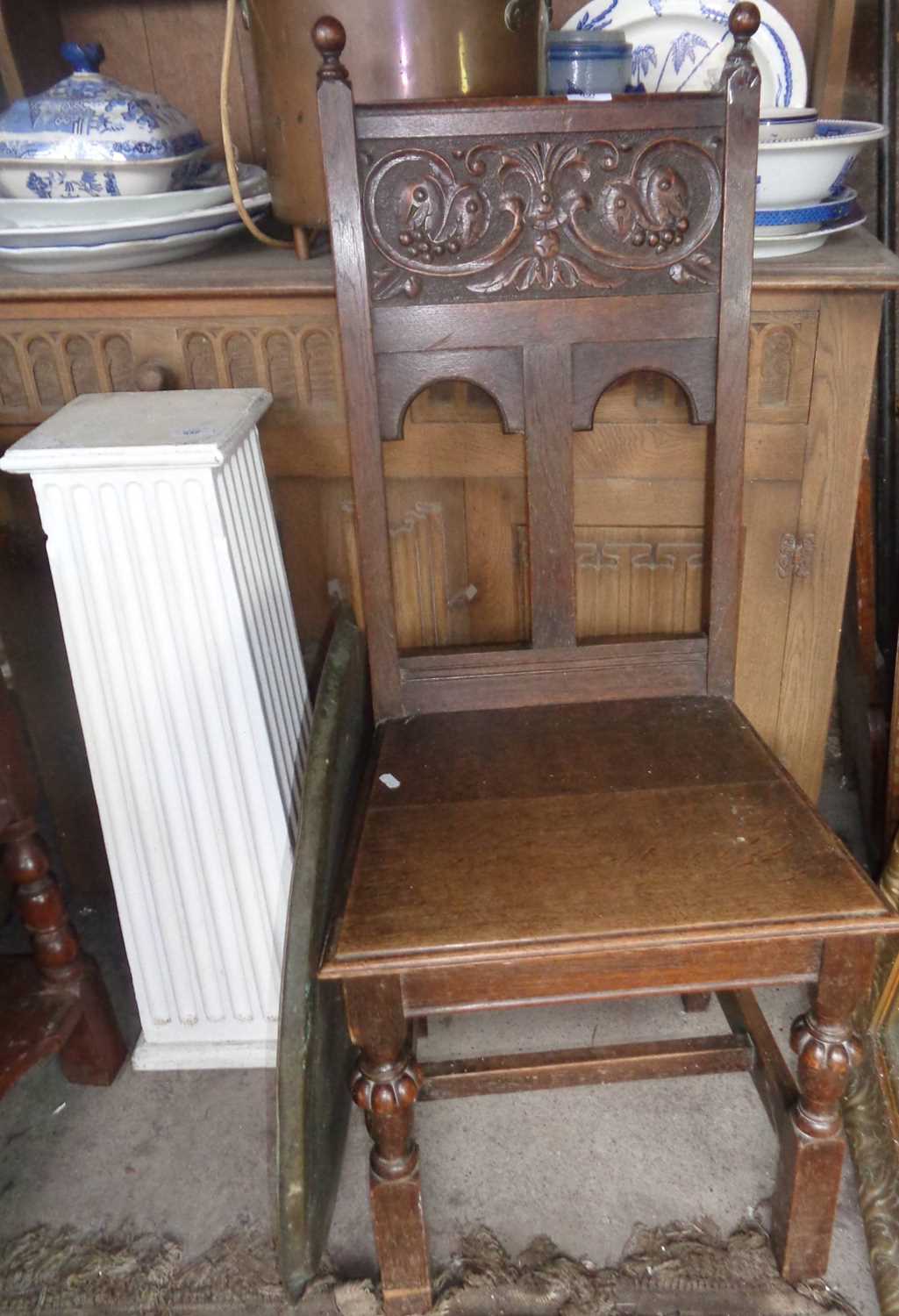 Victorian carved oak hall chair (A/F), Middle Eastern brass tray, an oak side table with drawer, and - Bild 2 aus 2