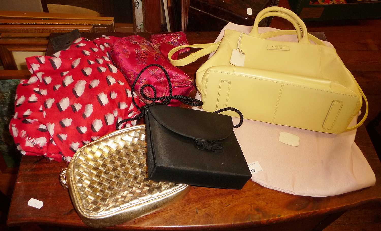 Vintage clothing - a Radley of London yellow leather handbag, three clutch bags and a scarf - Image 2 of 2