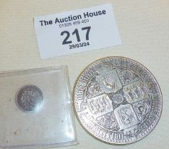 William IV 1834 one and half pence silver coin, and a Queen Victoria crown