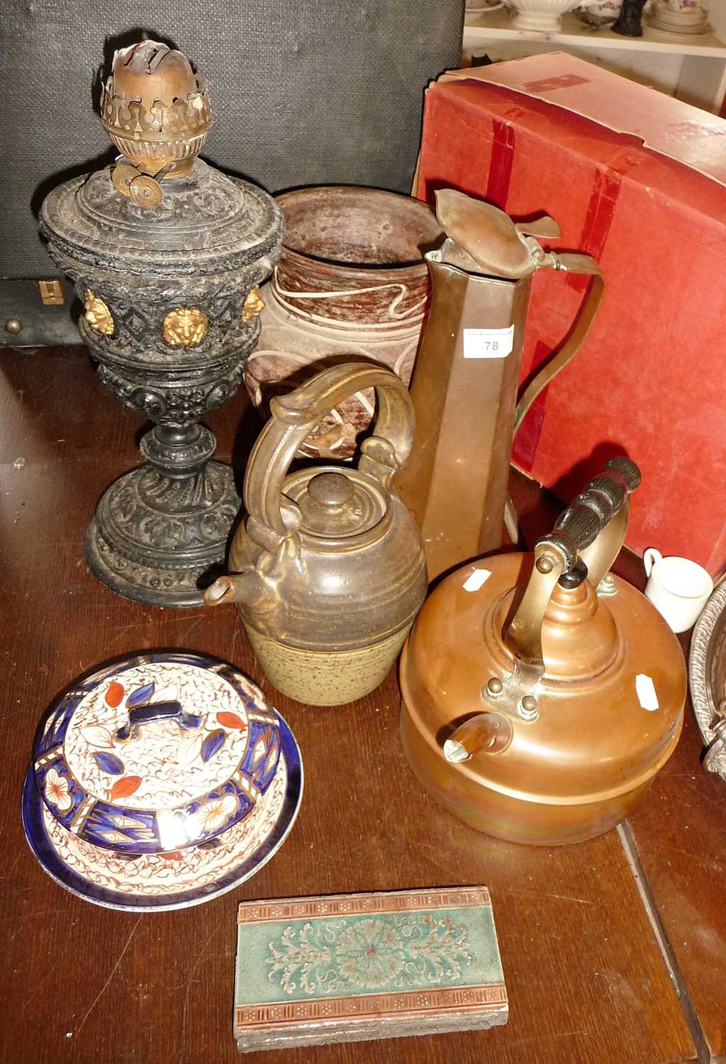 Victorian cast metal oil lamp base, Arts & Crafts copper jug, Studio pottery kettle, copper - Image 2 of 2